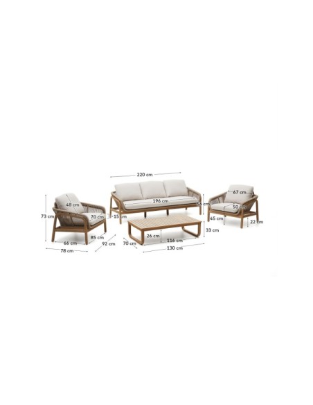 Set Vellana sofá 3 plazas, 2 sillones y mesa centro madera maciza acacia FSC 100% cuerda beige - Kave Home
