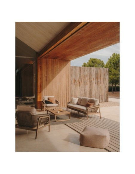 Set Vellana sofá 3 plazas, 2 sillones y mesa centro madera maciza acacia FSC 100% cuerda beige - Kave Home