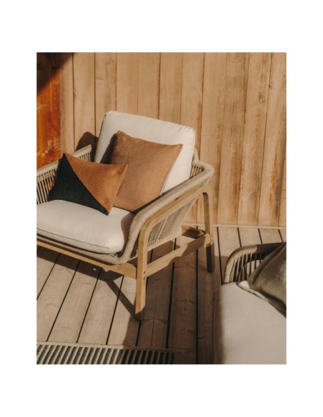 Set Vellana sofá 3 plazas, 2 sillones y mesa centro madera maciza acacia FSC 100% cuerda beige - Kave Home