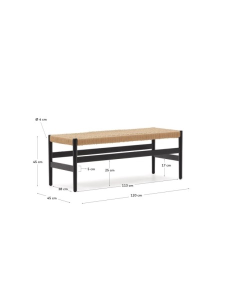 Banco Zaide de madera maciza de roble con acabado negro y asiento de cuerda 120cm FSC 100% - Kave Home