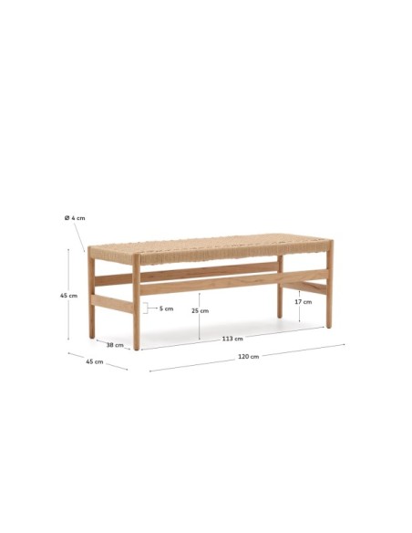 Banco Zaide de madera maciza de roble con acabado natural asiento de cuerda 120cm FSC100% - Kave Home