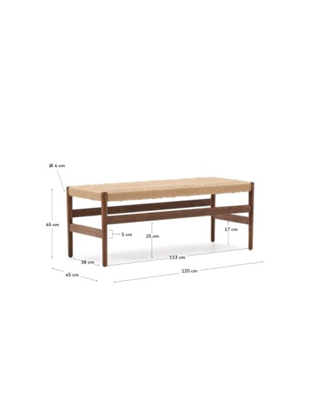 Banco Zaide de madera maciza de roble con acabado nogal y asiento de cuerda 120cm FSC 100% - Kave Home