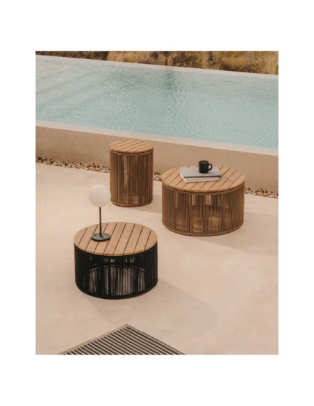 Mesa de centro Dandara de acero, cuerda negro y madera maciza de acacia Ø70 cm FSC 100% - Kave Home