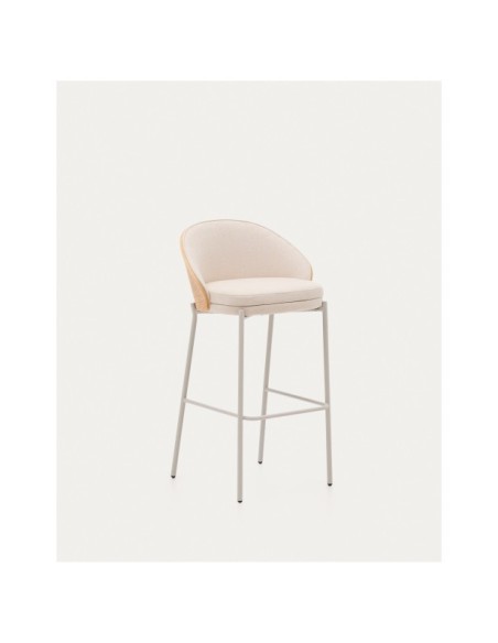 Taburete Eamy chenilla beige, chapado en fresno acabado natural y metal beige altura 77 cm - Kave Home