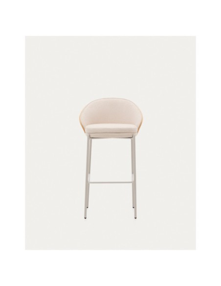 Taburete Eamy chenilla beige, chapado en fresno acabado natural y metal beige altura 77 cm - Kave Home