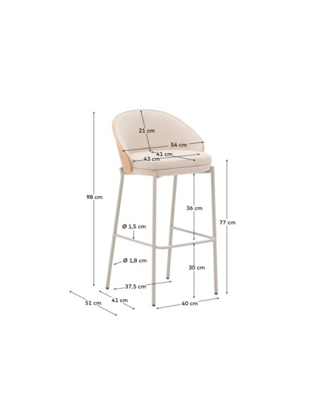 Taburete Eamy chenilla beige, chapado en fresno acabado natural y metal beige altura 77 cm - Kave Home