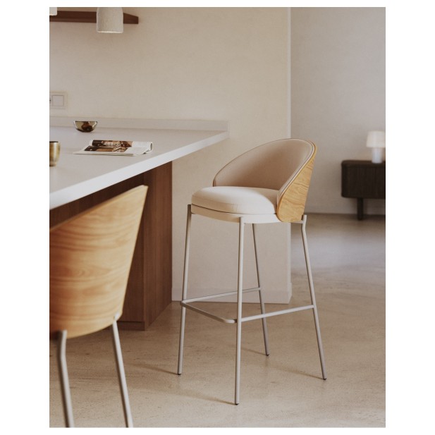 Taburete Eamy chenilla beige, chapado...