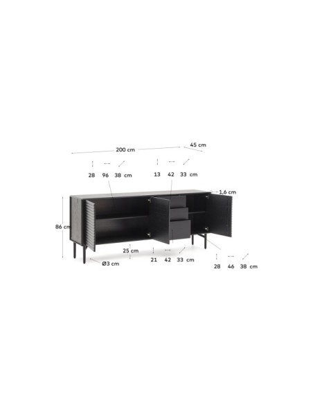 Aparador Lenon 3 puertas y 3 cajones madera maciza y chapa roble negro 200x86cm FSC Mix Credit - Kave Home