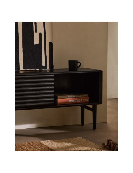 Mueble TV Lenon 2 puertas de madera maciza y chapa de roble negro 200x57 cm FSC Mix Credit - Kave Home
