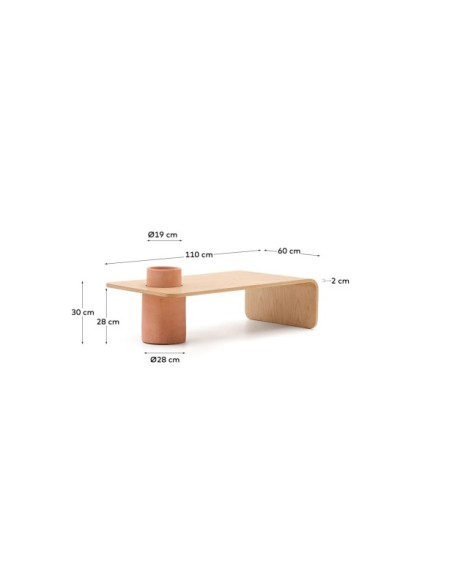 Mesa de centro Olaria de terracota y chapa de roble con acabado natural 110 x 60 cm - Kave Home