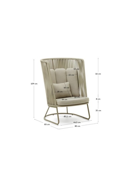 Butaca de exterior con respaldo alto Saconca de cuerda y acero galvanizado verde - Kave Home