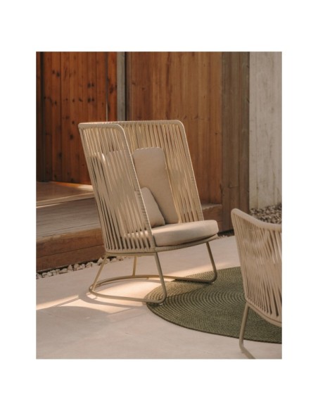 Butaca de exterior con respaldo alto Saconca de cuerda y acero galvanizado verde - Kave Home