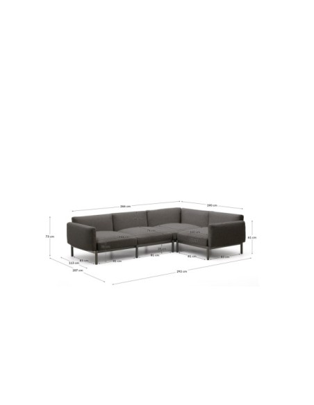 Sofá modular rinconero exterior Sorells 5 plazas tapizado gris y aluminio gris 276x191,5cm - Kave Home
