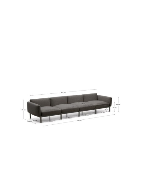 Sofá modular de exterior Sorells 4 plazas con tapizado gris y aluminio gris 370 cm - Kave Home