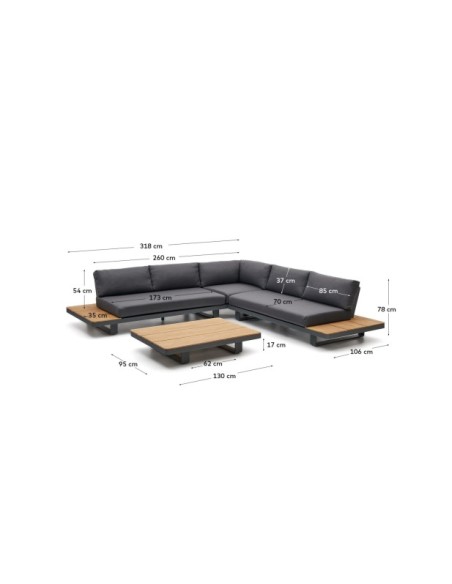Set Tosqueta sofá rinconero 5 plazas y mesa de aluminio y madera maciza de teca FSC 100% - Kave Home