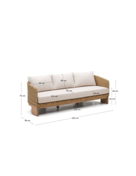 Sofá Xoriguer de 3 plazas de ratán sintético y madera maciza de eucalipto FSC 100% 223 cm - Kave Home