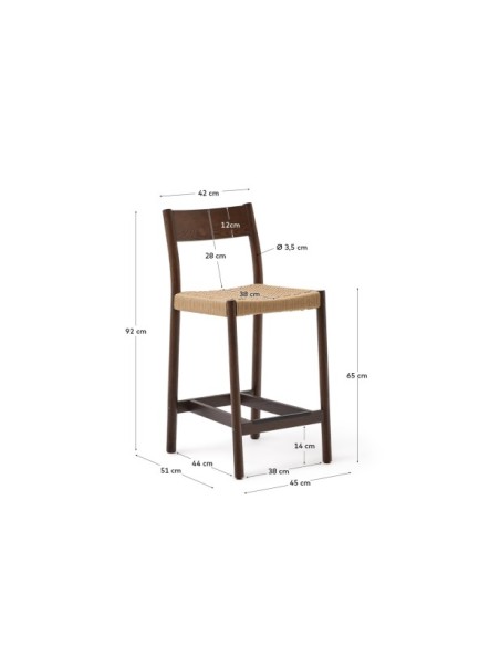 Taburete Yalia respaldo madera maciza roble acabado nogal y asiento de cuerda 65cm FSC100% - Kave Home