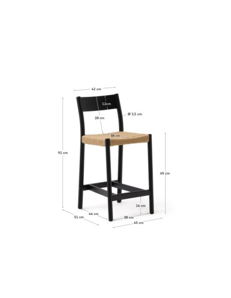 Taburete Yalia respaldo madera maciza roble acabado negro y asiento de cuerda 65cm FSC100% - Kave Home